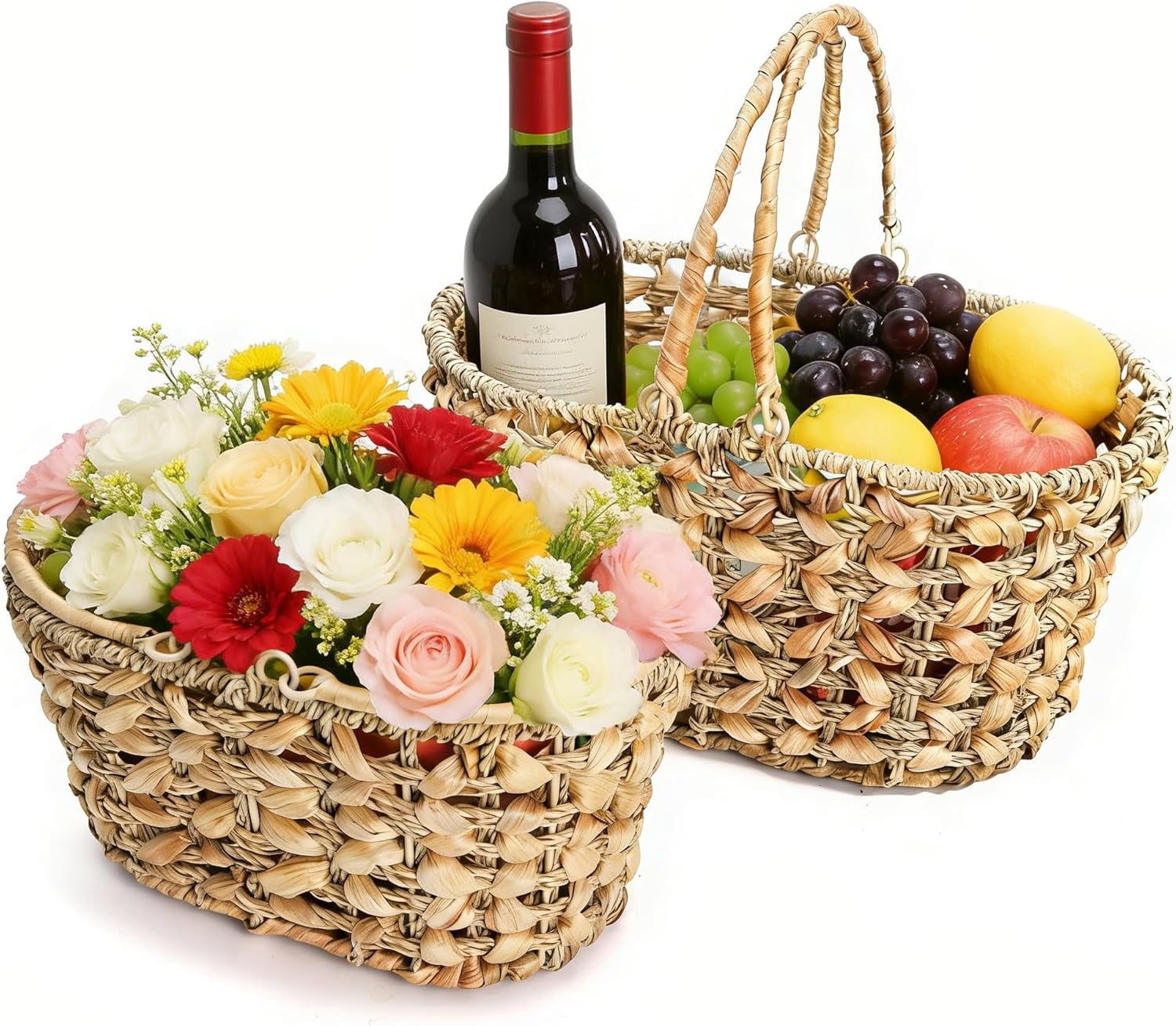 2 Pack Wicker Picnic Basket with Handle, Natural Hand Woven Rattan Easter Baskets, 13" and 11" Nesting Gift Baskets for Outdoor, Camping, Garden, Wedding, Home Organization