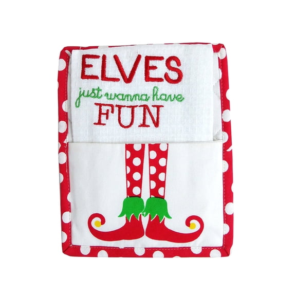 Elves Just Wanna Have Fun Pot Holder and Dish Towel (2 Piece Set)