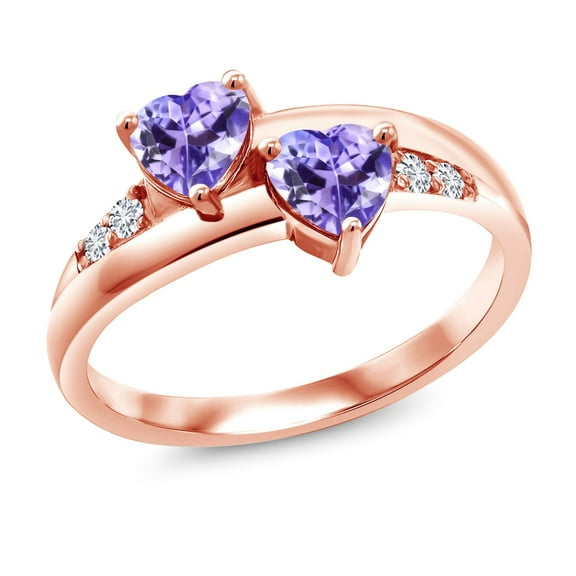 Gem Stone King 1.08 Ct Heart Shape Blue Tanzanite 18K Rose Gold Plated Silver Lab Grown Diamond Ring (Size 9)