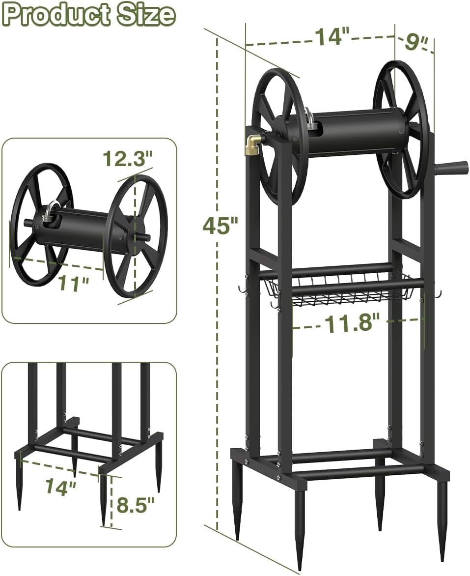 Freestanding Garden Hose Reel holds 125ft Hose of 5/8" with 4 Hooks, 4-Spike Outdoor Hose Holder with 3.9ft Leader Hose & Brass Fitting, Detachable Metal Hose Stand with Storage Rack, Black