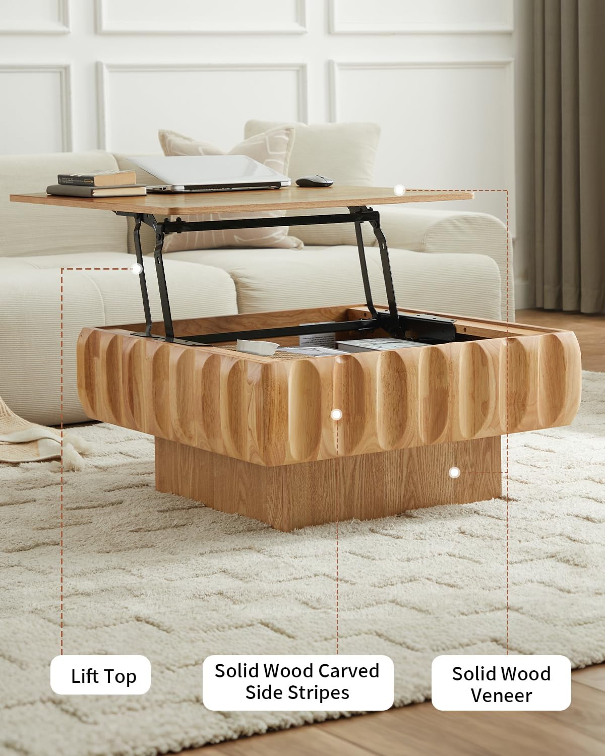 Lift Top Coffee Table with Hidden Storage, 31 inch Solid Wood Fluted Design for Small Space Living Room, Natural