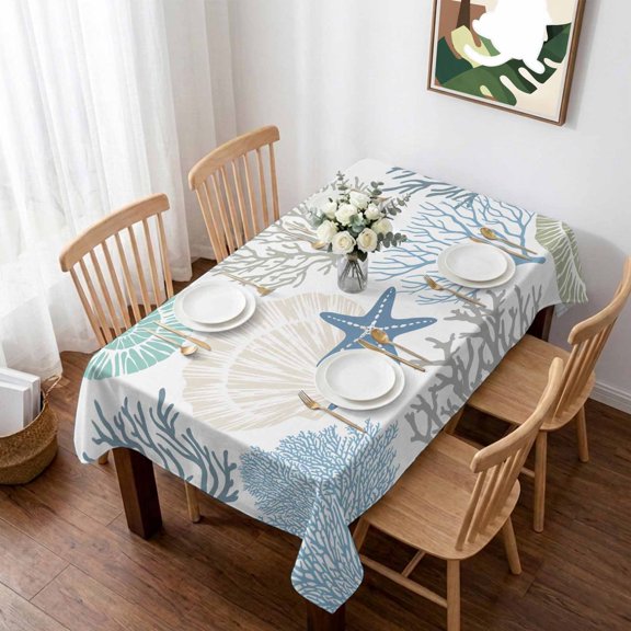 Coastal Table Cloth Waterproof Tablecloths, Summer Beach Nautical Coral Starfish Tablecloth Dining Table Cover for Kitchen Party Tabletop Outdoor, Rectangle Tablecloth 60x102 Inch