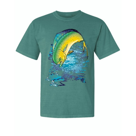 Wild Bobby, Mahi-Mahi Fish Catching Small, Fish, Garment-Dyed Washed Look Short Sleeve Tees, Emerald, Medium