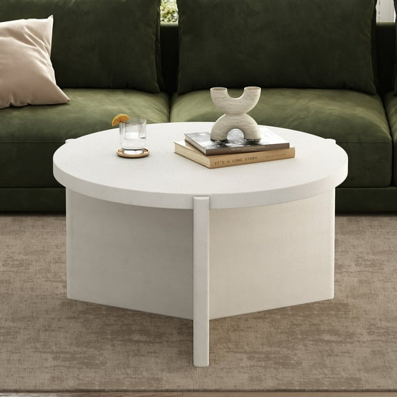 SHYFOY Modern Round Coffee Table with Textured White Finish - Minimalist Living Room Accent Table