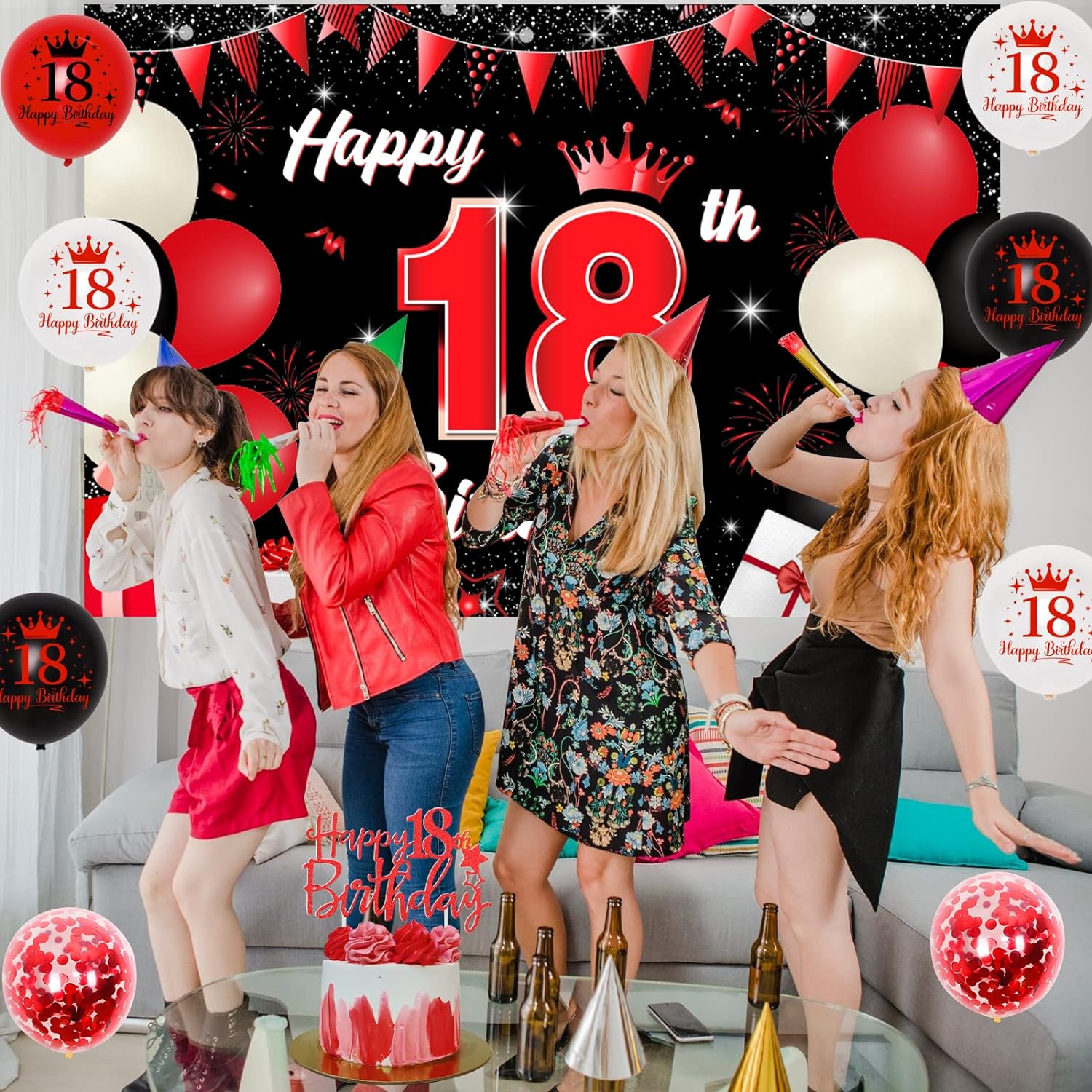 Black and red decorations for boys and girls' 18th birthdays, background for boys and girls' 18th birthday cake and balloons