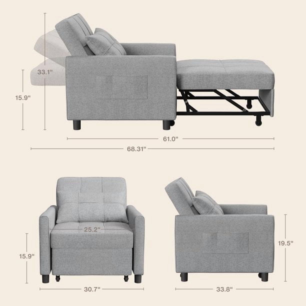 Recliner Chair,3 in 1 Convertible Sofa Bed with Adjustable Backrest for Office,Bedroom,Light Gray