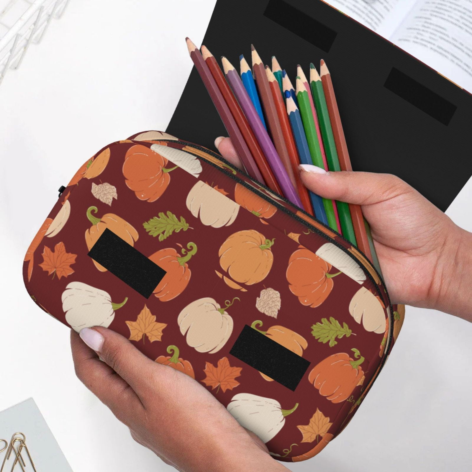 Rateoe Happy Thanksgiving Day Pattern Double Clamshell Pen Case, Storage Organizer with Two Zipper Compartments– Holds Up to 50 Pencils & Pens