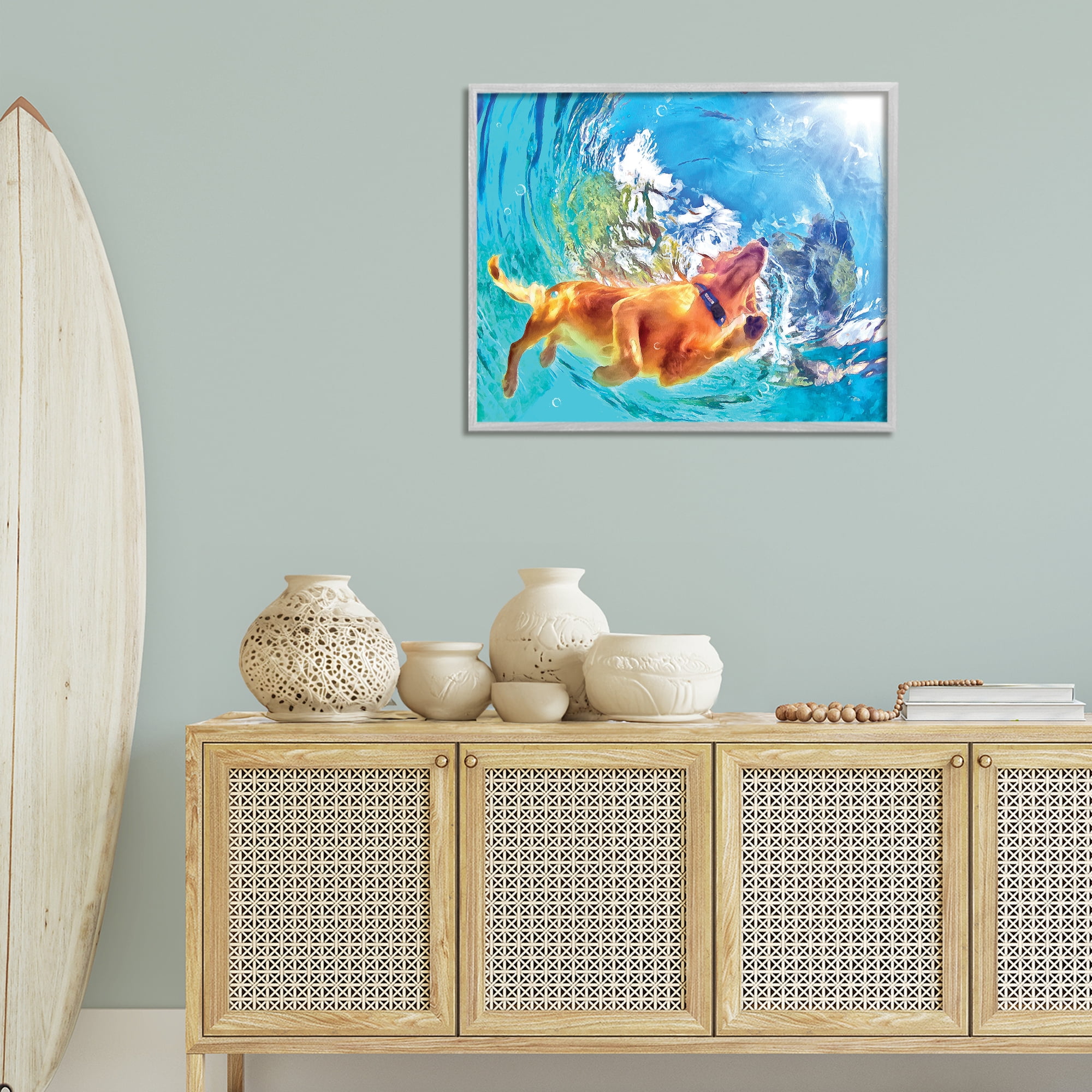 Stupell Industries Underwater Swimming Dog Animals & Insects Painting Gray Framed Art Print Wall Art, 30 x 24