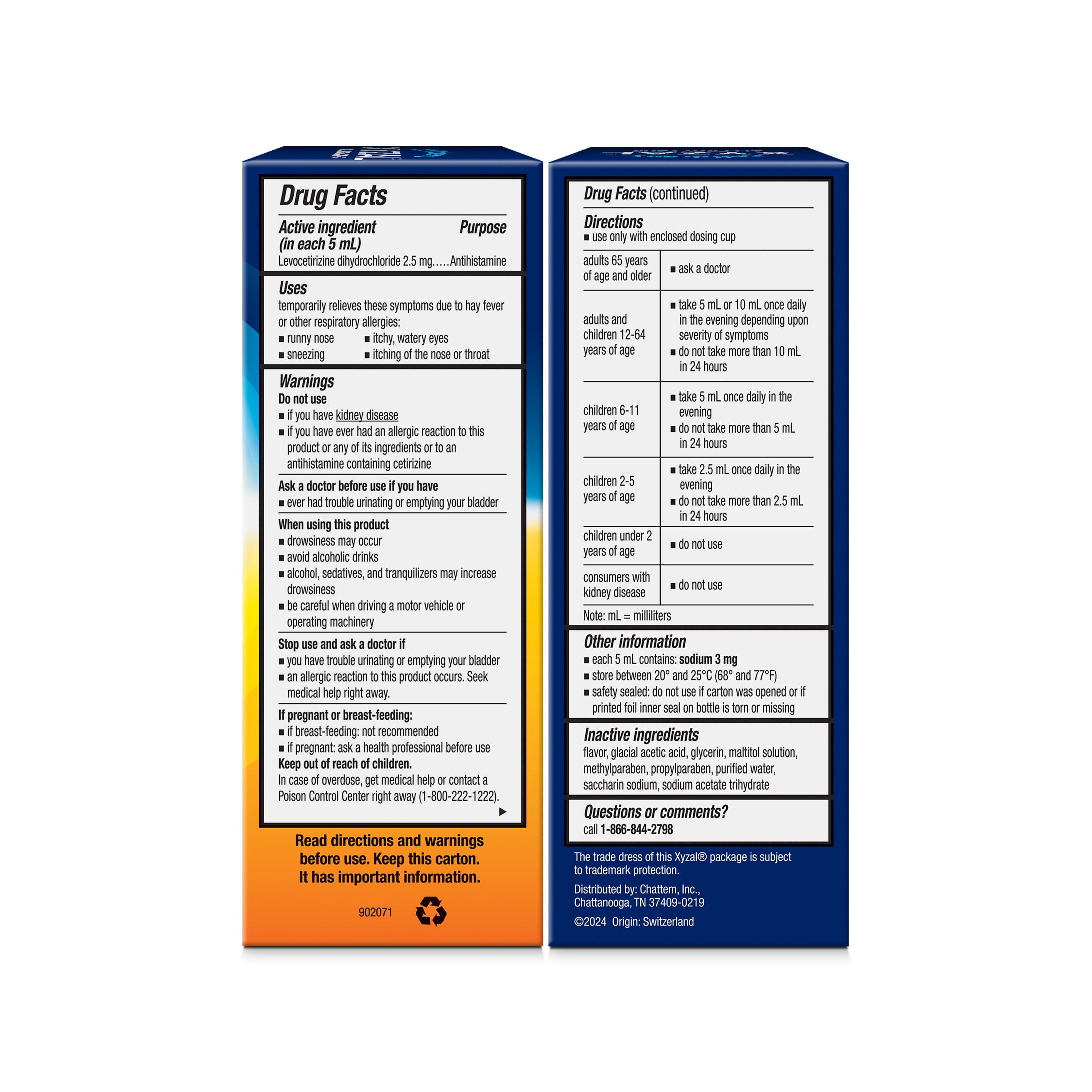 Xyzal Children's 24 Hour Allergy Relief Medicine for Kids, Levocetirizine Dihydrochloride Liquid Antihistamine, Bubble Gum, 5 Fl. oz. Twin Pack