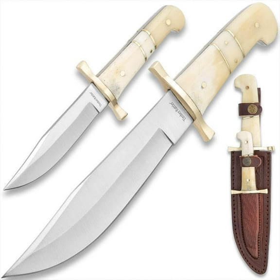 2-Piece  Knife Set | Stainless Steel Blades | Two-Piece Fixed Blade Set |  Bone Handles | Leather Twin Sheath | For Outdoors and Hunting | For Everyday Use | 12" and 8" Overall