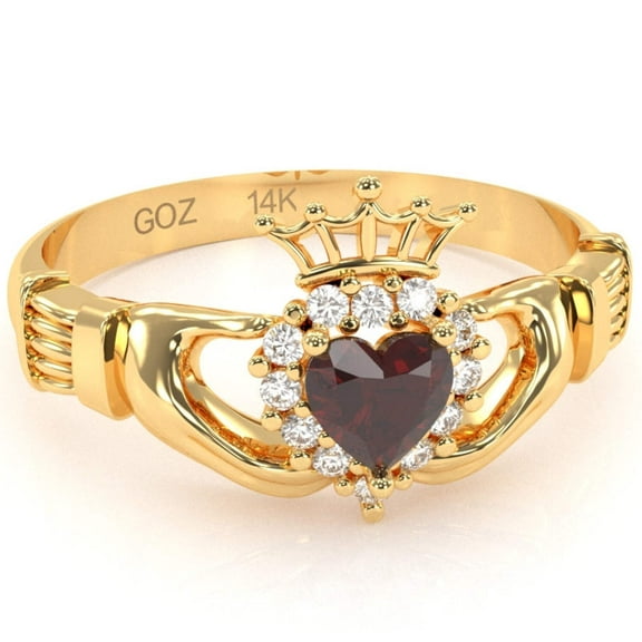 Claddagh Garnet Diamond Ring In Solid 14k Yellow Gold