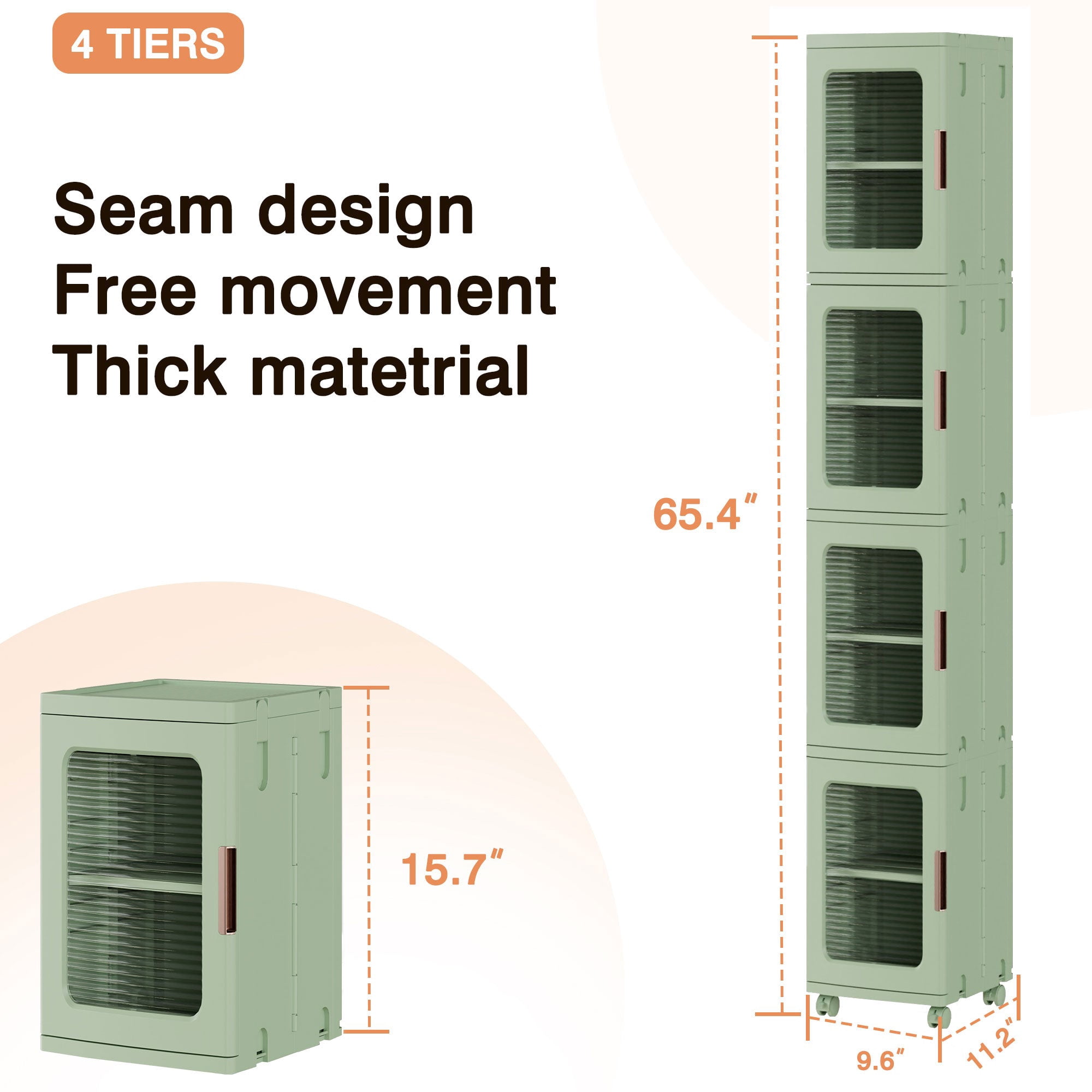 VECELO 65.4 in Folding Stackable Box Organizer with Wheels, Light Green, Set of 4 Count Pack