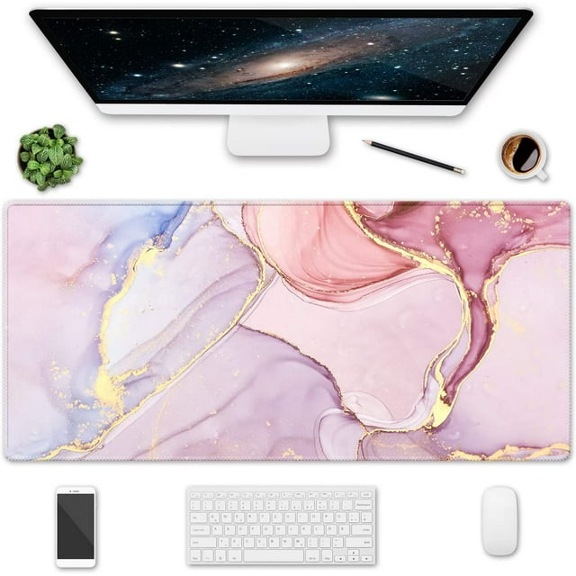 Extended Gaming Mouse Pad, 35.5x15.75 Non-Slip Oversized Desk Pad Mousepad with Stitched Edges Waterproof Keyboard Mouse Mat Desk Protector for Game, Office and Home, Pink Abstract