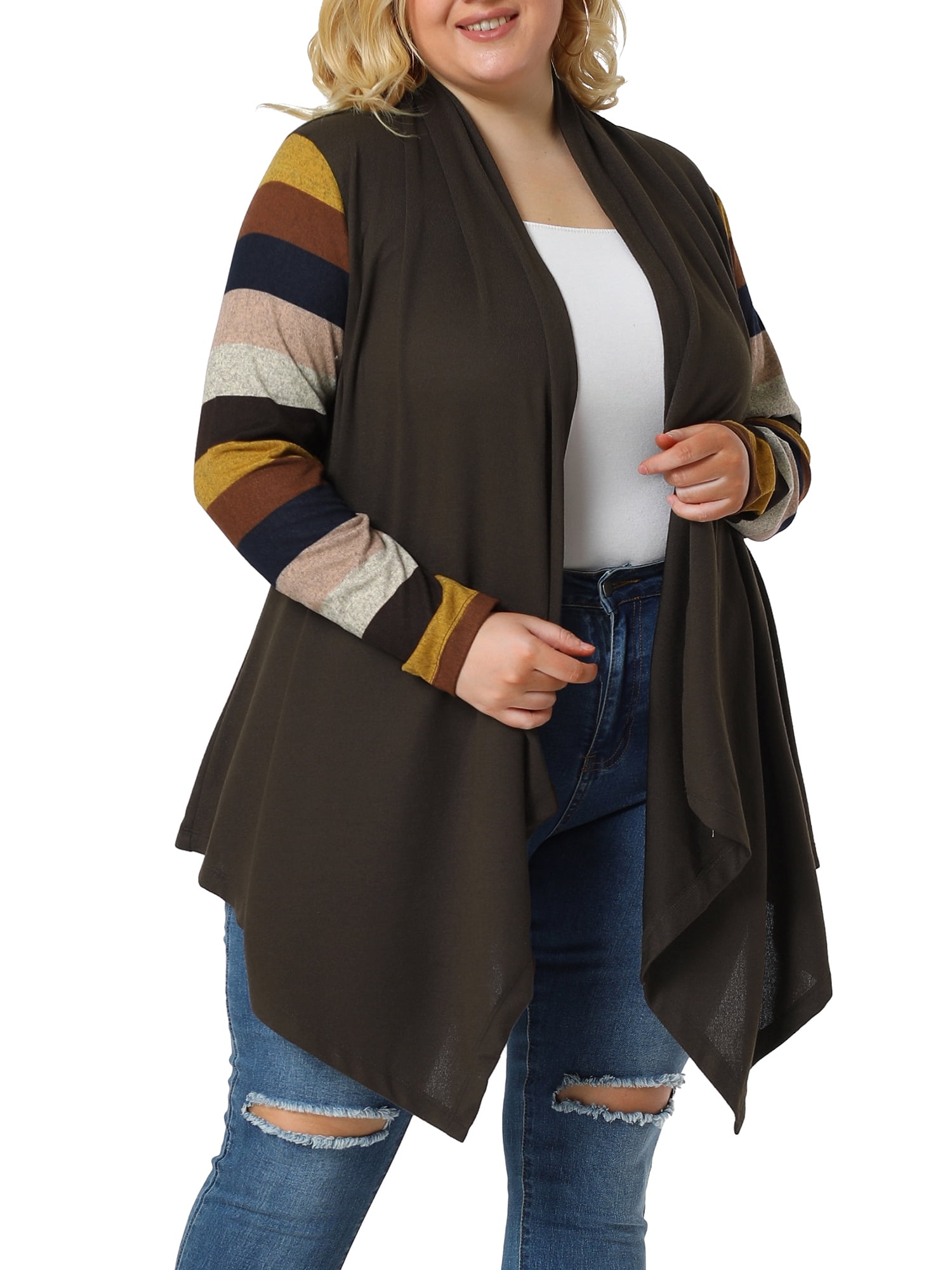 DARING DIVA Plus Size Striped Open Front Knit Cardigan Sweaters Shrugs 4X Dark Coffee