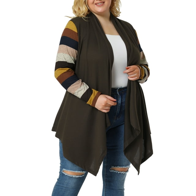 GRACE & GRANDEUR Cardigan à Rayures Léger pour Femme Grande Taille Chandail Manteau 1X Café Foncé