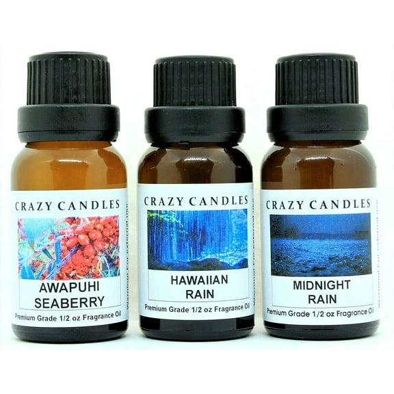 Crazy Candles 3 Bottles Set, 1 Awapuhi Seaberry, 1 Hawaiian Rain, 1 Midnight Rain 1/2 fl oz Each (15ml) Premium Grade Scented Fragrance Oils