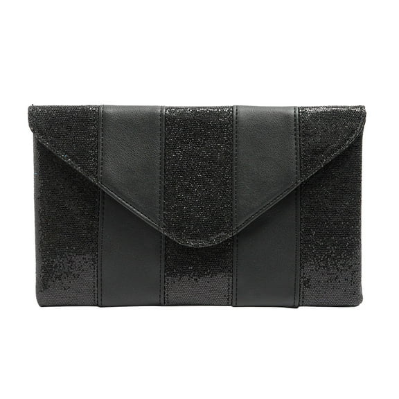 POPETPOP Black Sequin Envelope Pouch Stripe Clutch Purse Women PU Leather Storage Bag Ladies Handbag