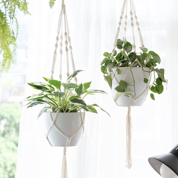 2 Piece Handwoven Cotton Rope Hanging Planter Net - 18 Inch With Core, Flat & Round Flower Patterns - Gardening Decor, Outdoor Indoor Plant Hanging Baskets