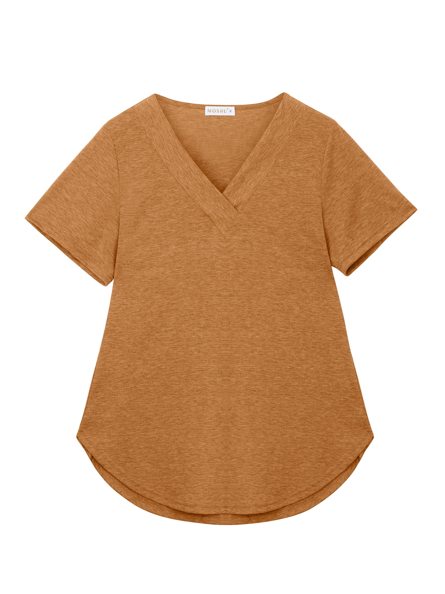 MOSHU Deep V Neck Womens Tops Curved Hem Shirts for Women Fashion Trendy Blouses Casual Loose Fit Tees Tops