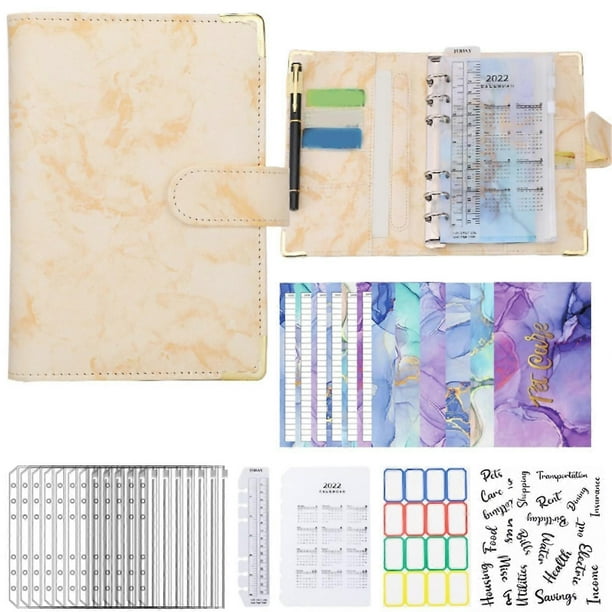A6 PU Leather Budget Binder A6 Notebook Binder for Budgeting Money Saving Folder Marble Pattern Corner Protector Yellow