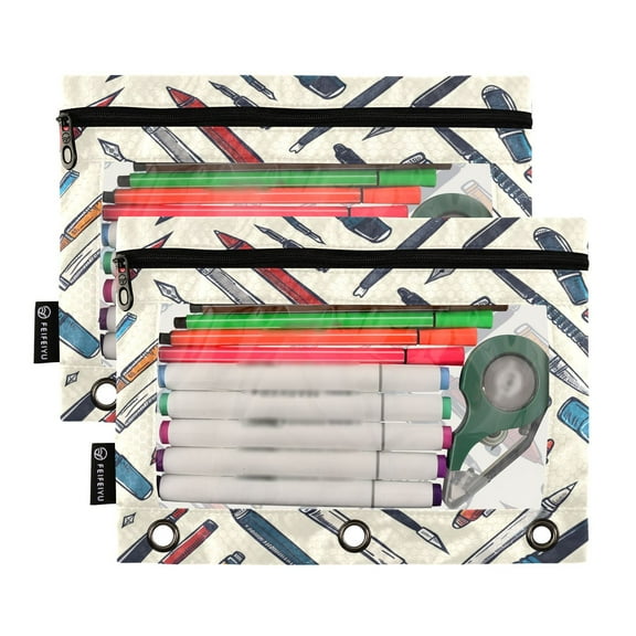 Ckdifva Pens Pencil Pouch 3 Ring Zipper Pencil Case Binder Pockets Clear Top Cosmetic Bag 2 Pack