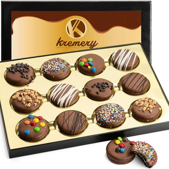 Kremery Creamy Chocolate Cravings - Mothers Day Chocolate Covered Oreo Sandwich Cookies Gift Basket, Assorted Candy Toppings (12 Count) Birthday Care Package - Kosher Dairy Usa Made