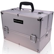 SHANY Essential Pro Makeup Train Case Cosmetic Box Portable Makeup Case Cosmetics Beauty Organizer Jewelry storage with Locks , Multi Compartments Makeup Box and Shoulder Strap - Silver