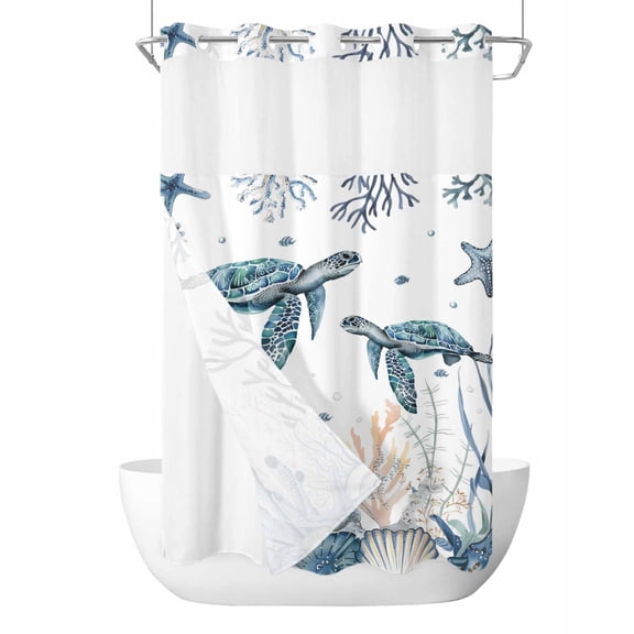 No Hook Cloth Fabric Shower Curtain with Snap in Liner, Sea Turtle Waterproof Shower Curtains Set with See Through Top Window, Ocean Coastal Coral Beach Summer Conch Bath Curtains Shower 36"x72"