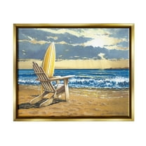 Stupell Industries Surfboard & Beach Waves Nature Painting Gold Floater Framed Art Print Wall Art, 21 x 17