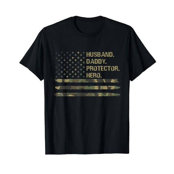Husband Daddy Protector Hero Tee - Fathers Day Camo American Black Crew Neck T-Shirt