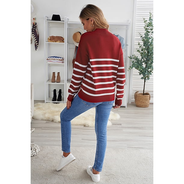ABPHQTO Jersey de mujer con cuello alto y rayas color vino, manga larga y botones