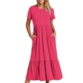 thumbnail image 2 of Feancey Short Sleeve Maxi Dresses for Women with Pockets Casual High Waist Solid Color Long Dress Summer Loose Swing Dresses Tiered Pleated A Line Dress,Mint Pink,S, 2 of 6
