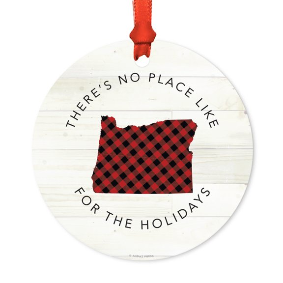 US State Round Metal Christmas Ornament, Red Plaid on Light Rustic Wood, Oregon, Includes Ribbon and Gift Bag