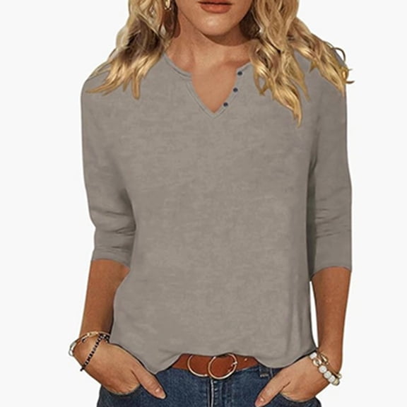 Womens T Shirts Loose Fit Solid Color Casual Button Quarter Sleeve Short Top T Shirt Tops for Women Trendy Grey L