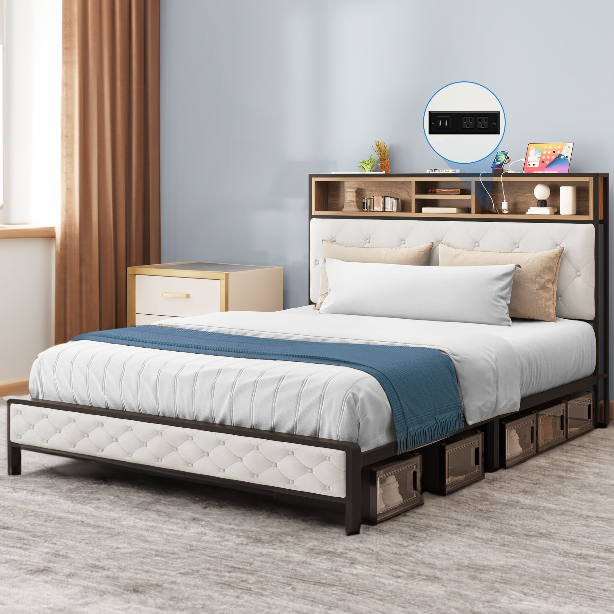 Uforic Beige Queen Size Platform Bed Frame with Upholstered Storage Headboard, Built-in Charging Station, and Metal Slats, No Box Spring Required