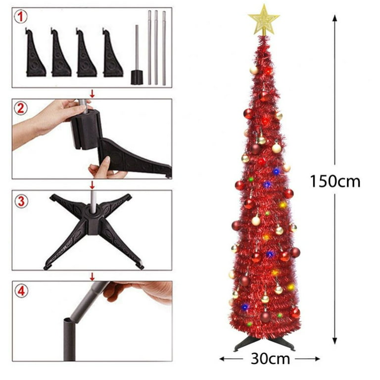 5 Ft Tinsel Prelit Christmas Tree Pop Up with Timer Color Lights Star  Sequins Battery Operated Artificial Pencil Slim Xmas Tree for Home Party  Indoor Outdoor Christmas Decoration 