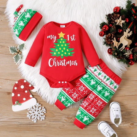 

baby girl christmas outfit Xmas Baby Boys Letter Long Sleeve Romper Tops Cartoon Pants With Hat Christmas Outfit Set 3PCS Red 9M Kids Christmas Gifts