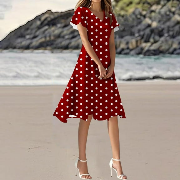 Fall Dresses for Women Short Sleeve Vintage Polka Dot Boho Dress Black White Flowy Midi Dresses
