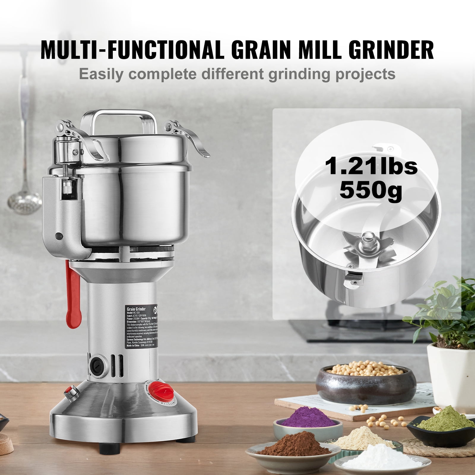 KFFKFF 550g Electric Grain Mill, 2000W Speedy Commercial Spice Grinder, Stainless Steel Powder Pulverizer for Dry Grains, Spices, Cereals, Coffee, Corn, Pepper