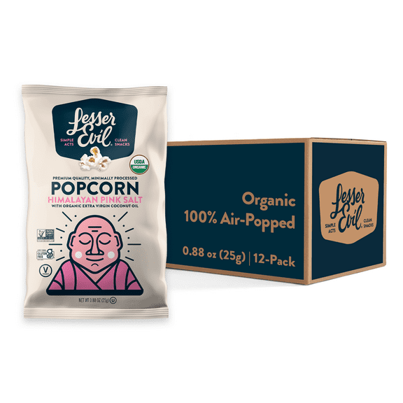 LesserEvil Organic Popcorn, Himalayan Pink, .88 oz Bags, 12 Count