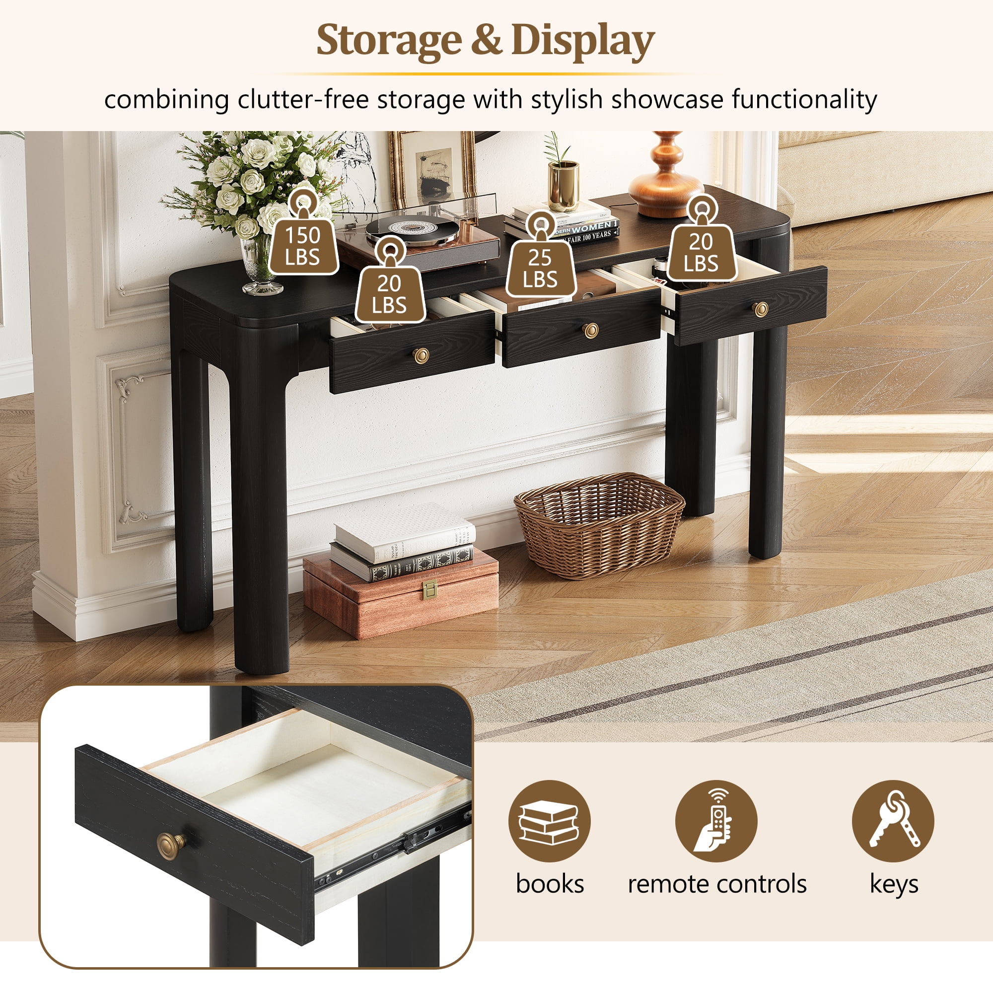 Euroco 52 Inch Curved Console Table with 3 Concealed Drawers, Wood Entryway Table, Sturdy Sofa Table with Thick Legs for Hallway/Foyer/ Living Room,Black