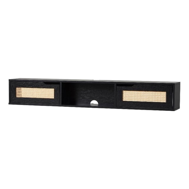 Pemberly Row 58" Floating Wood TV Stand with Rattan Doors - Black