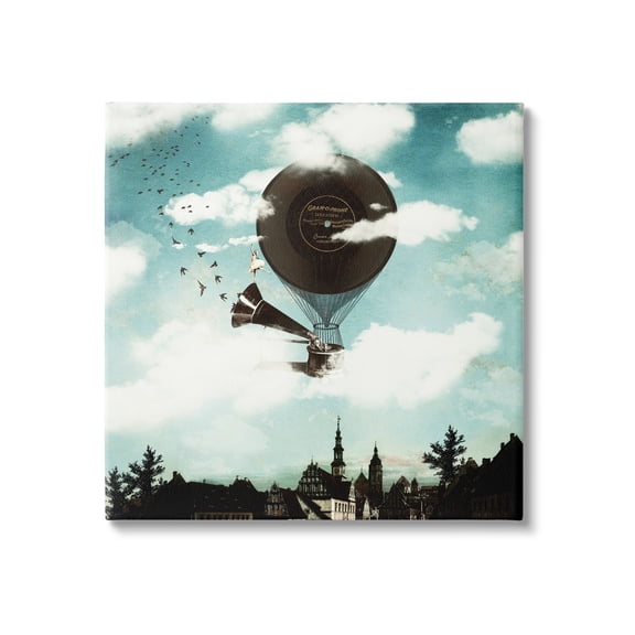 Serene Gramophone Flying Birds Clouds City Buildings Animals & Insects Painting Gallery-Wrapped Canvas Print Wall Art