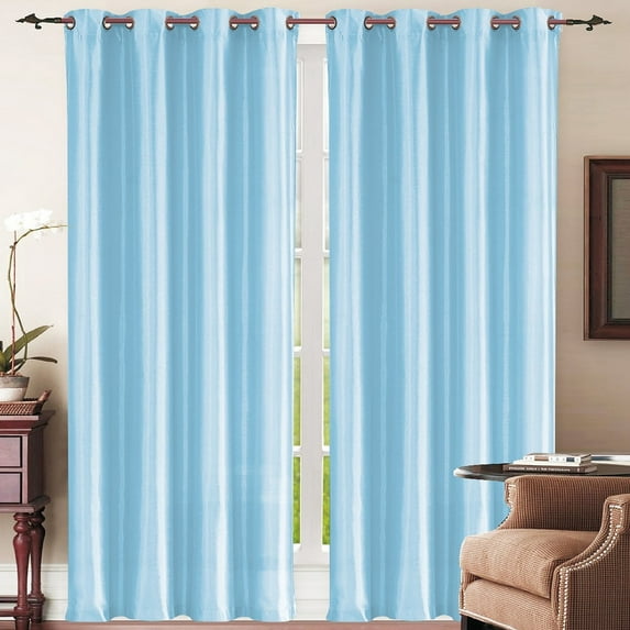 J&V Textiles Faux Silk Window Curtain Set with Two Curtain Panels and Hanging Grommets, 84" Long (Aqua)