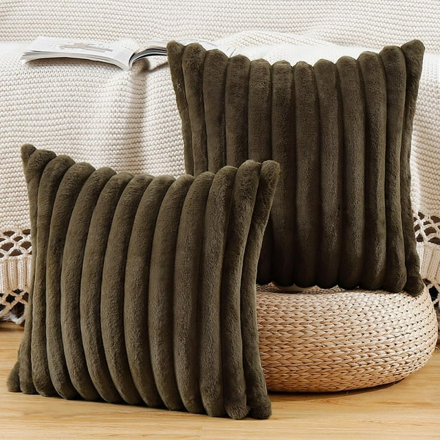 Set of 2 Faux Wool Plush Decorative Throw Pillow Covers 18x18 Inch Light Blue Fluffy Striped Soft Decorative Cushion Cover for Sofa Bedroom Pillow Shell