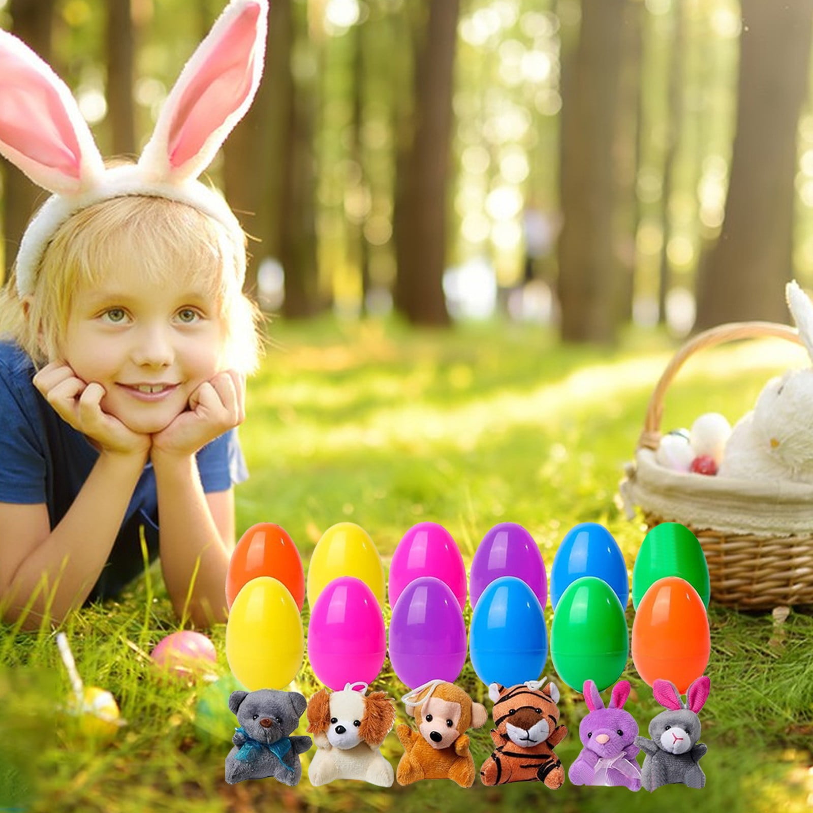 12 Pack Prefilled Easter Eggs of Mini Stuffed Animal Plush Toys Baster Stuffer Filler for Kids Easter Egg Hunt Game, Classroom Prize Supplies