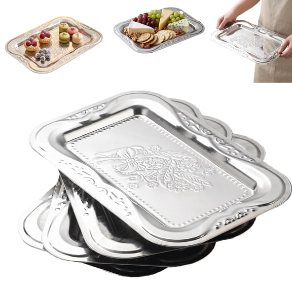 4-Pack Silver Serving Trays Set - Lightweight Bow Floral Engraved Mirror Decorative Tray, 13.8" x 8.7" Wedding Party Platters for BBQ, Food, Appetizer, Charcuterie, Cookies, Desserts
