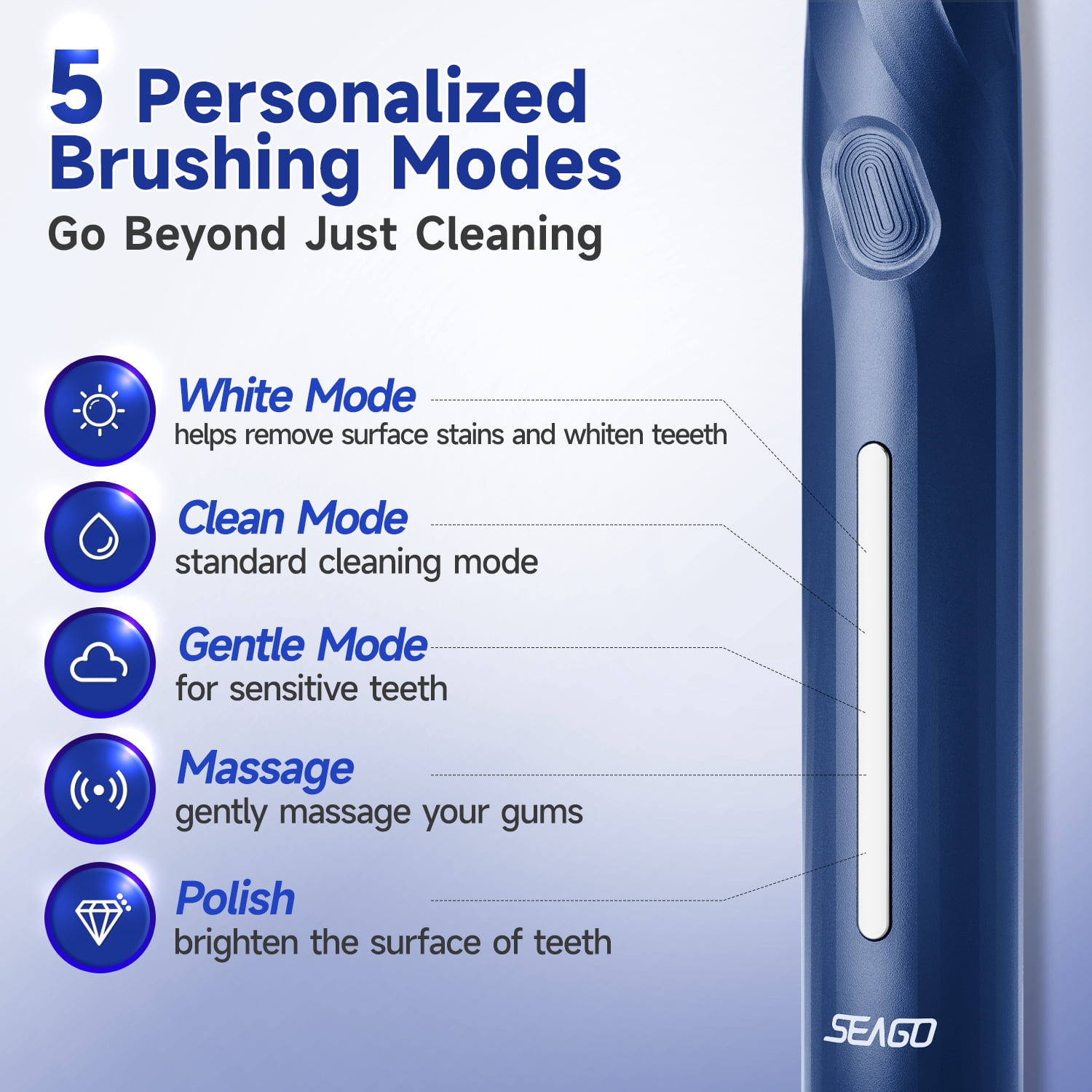 Seago Electric Toothbrush for Adult,Seamless Design,8 Brush Heads,Travel Case and Hold,Blue SG2752
