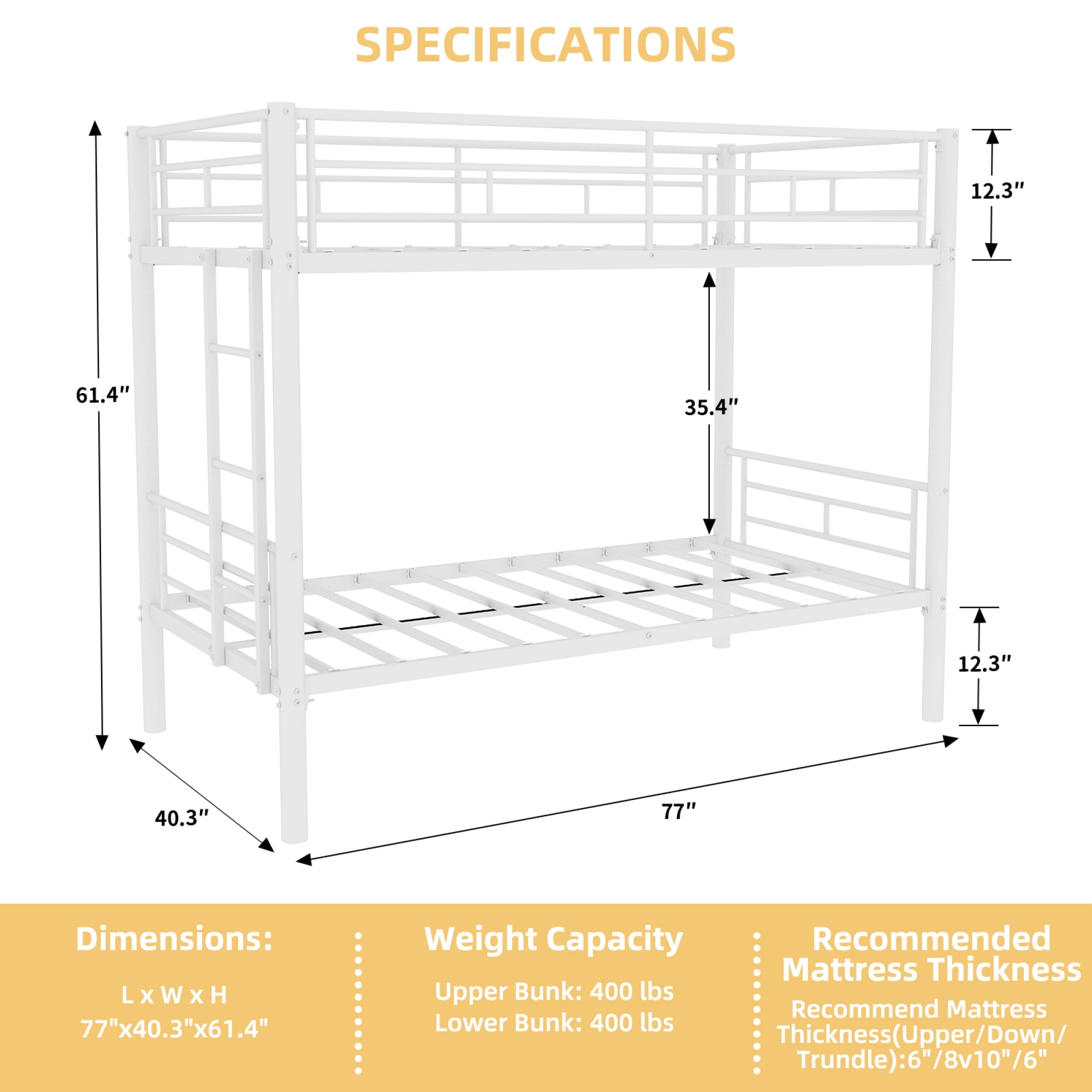 Twin Over Twin Bunk Bed for Kids Boys Girls, Metal Bunk Bed with Ladders & Guardrail,Convertible 2 Beds,White