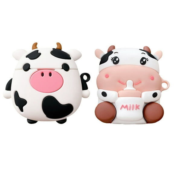 NICEXMAS 2Pcs Cute Cow Pattern Silicone Earbuds Cover Soft Protective Case with Keyring Hole